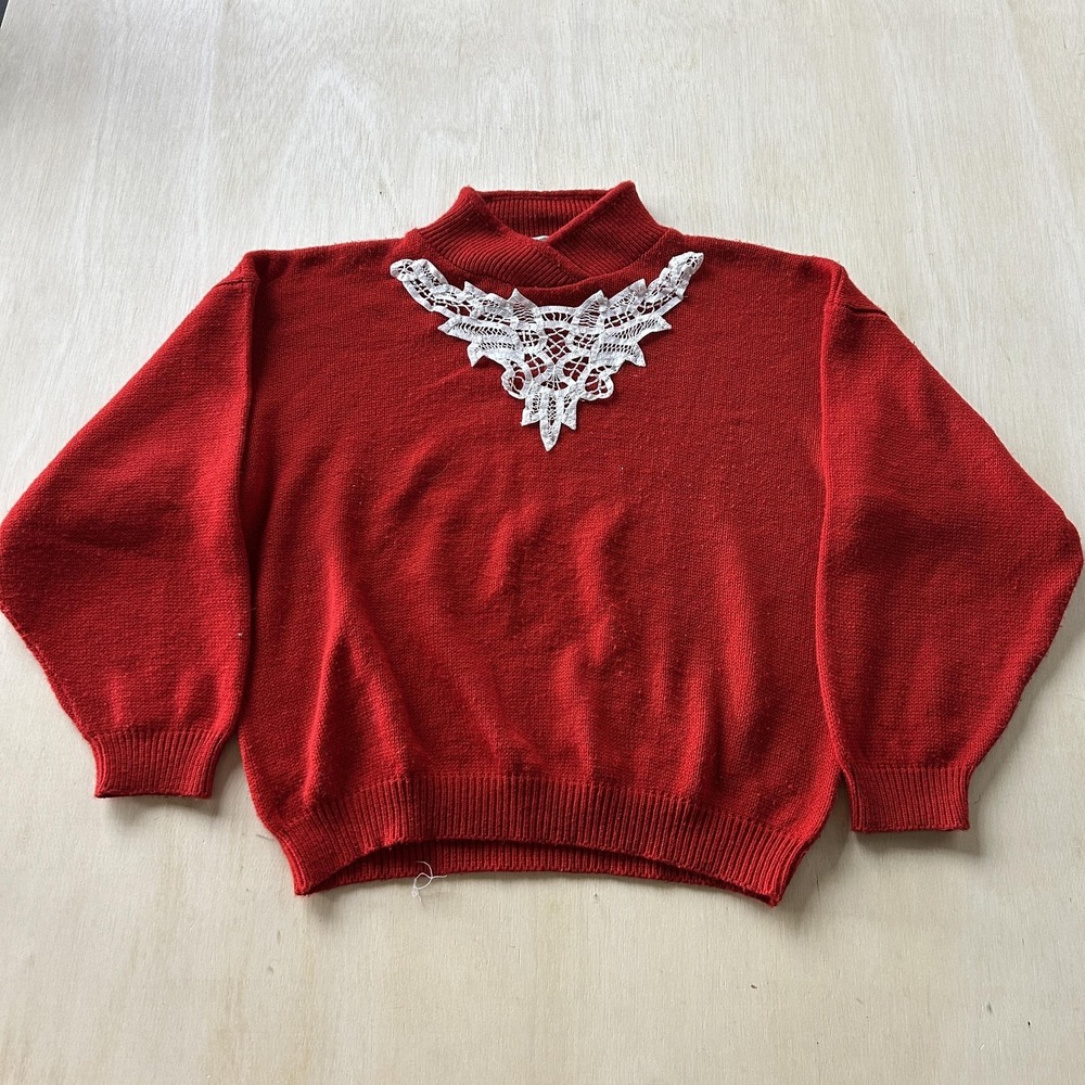 Vintage Stefano Sweater Womens 20W Red Mock‎ Neck Lace Applique Knit Pullover